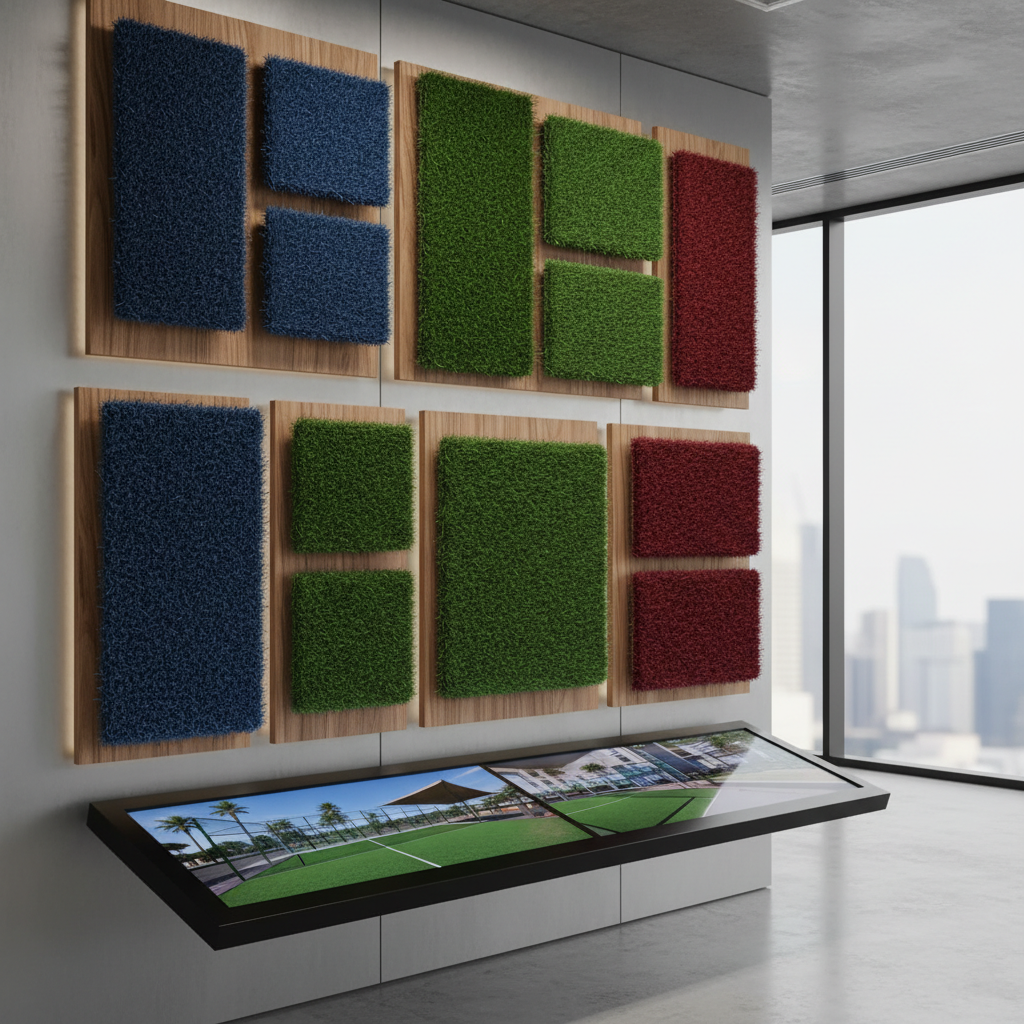 B2B showroom display featuring various padel turf samples with different densities