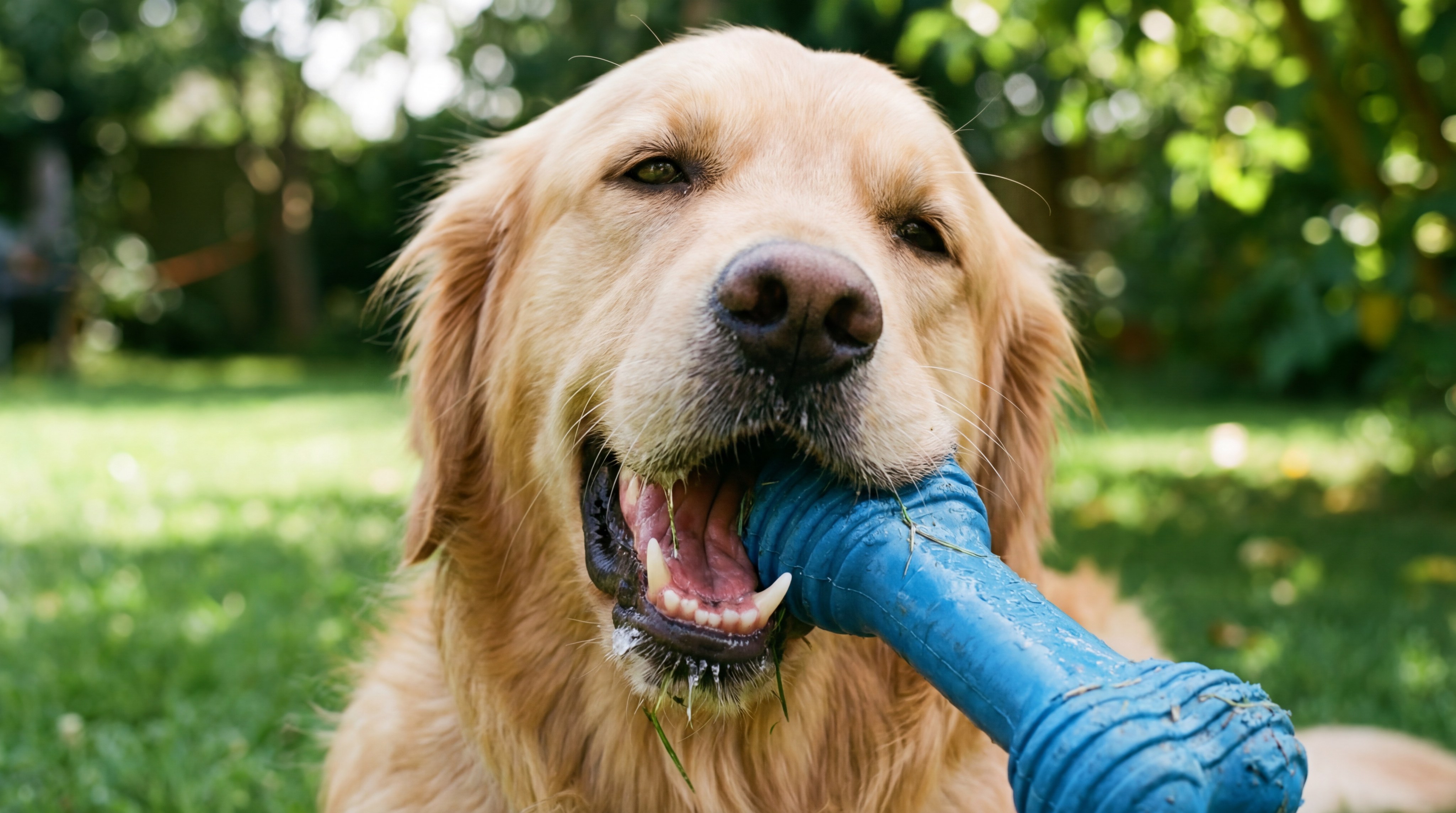 Alt Text: A photorealistic shot of a happy Golden Retriever playing with a bright blue, durable silicone chew toy in a grassy backyard