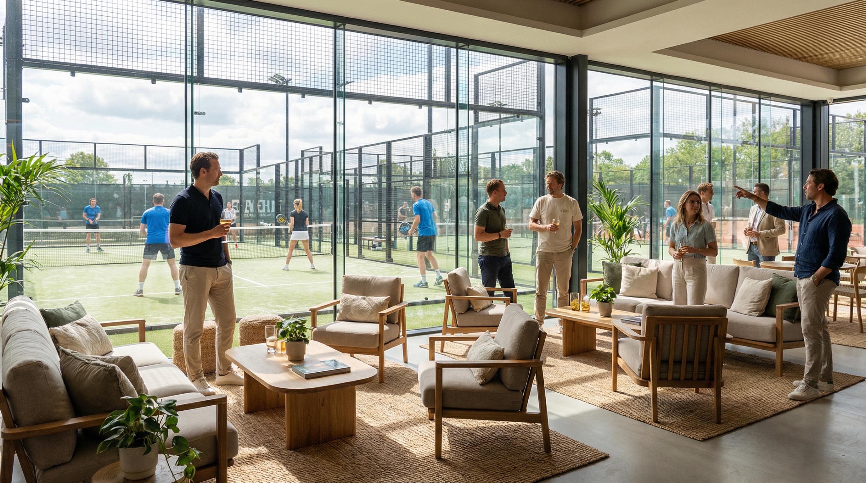 Social lounge overlooking an indoor padel court with a modern interior