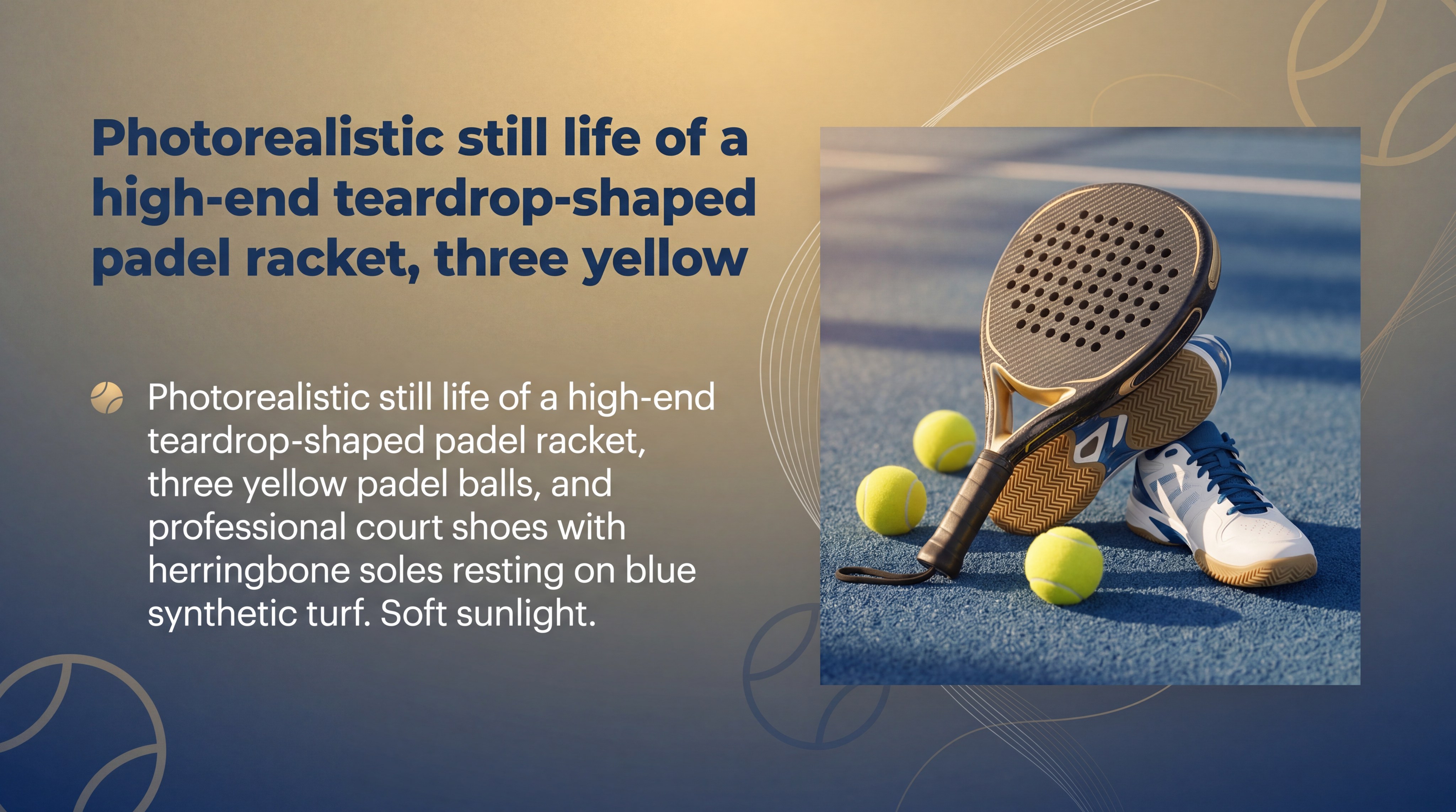 Still life of padel racket, balls, and court shoes