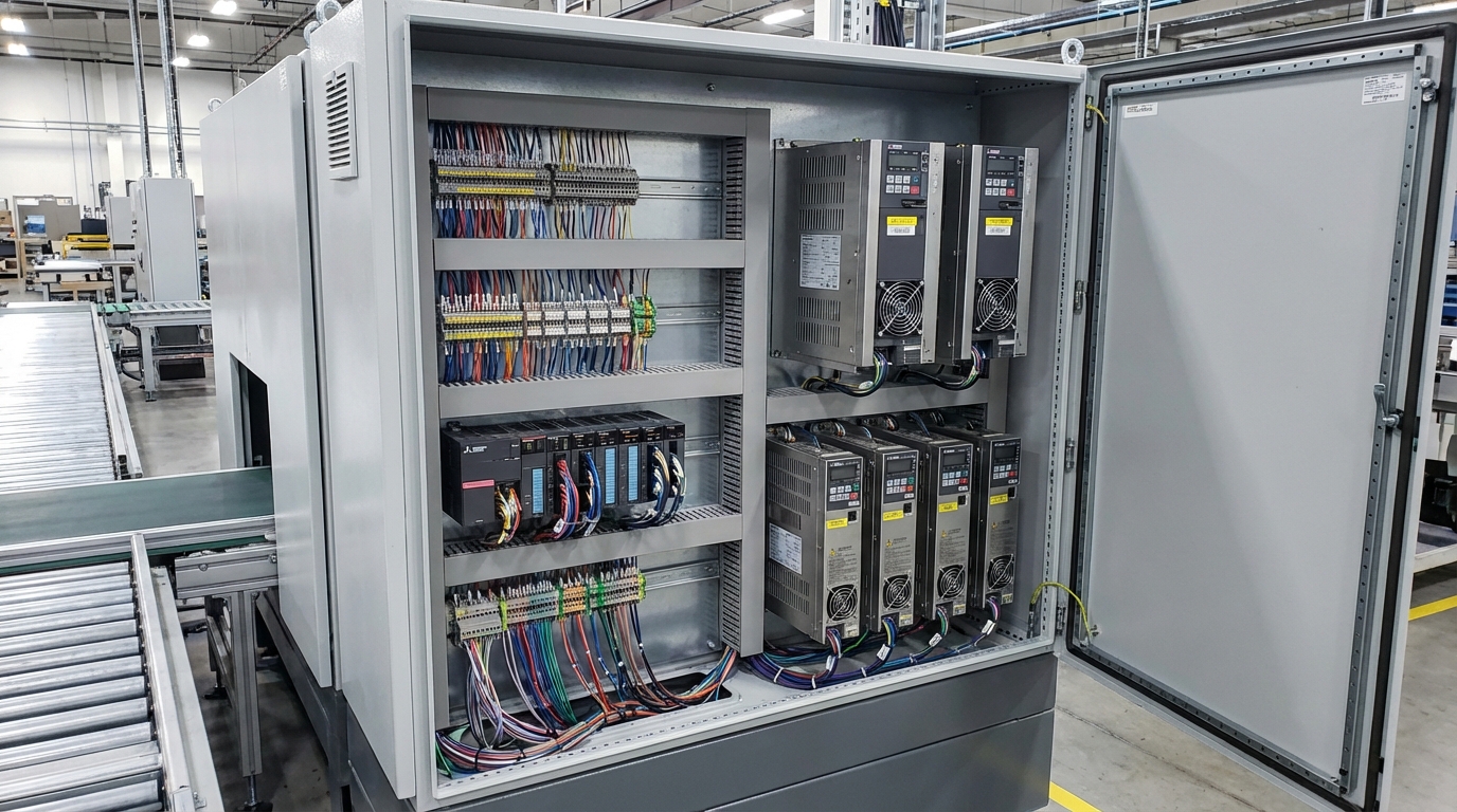 An open industrial PLC cabinet showing Mitsubishi controllers for a packaging line