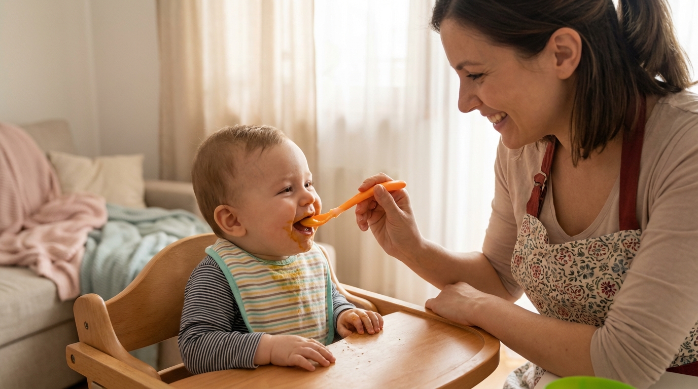 Parent feeding baby with silicone spoon
