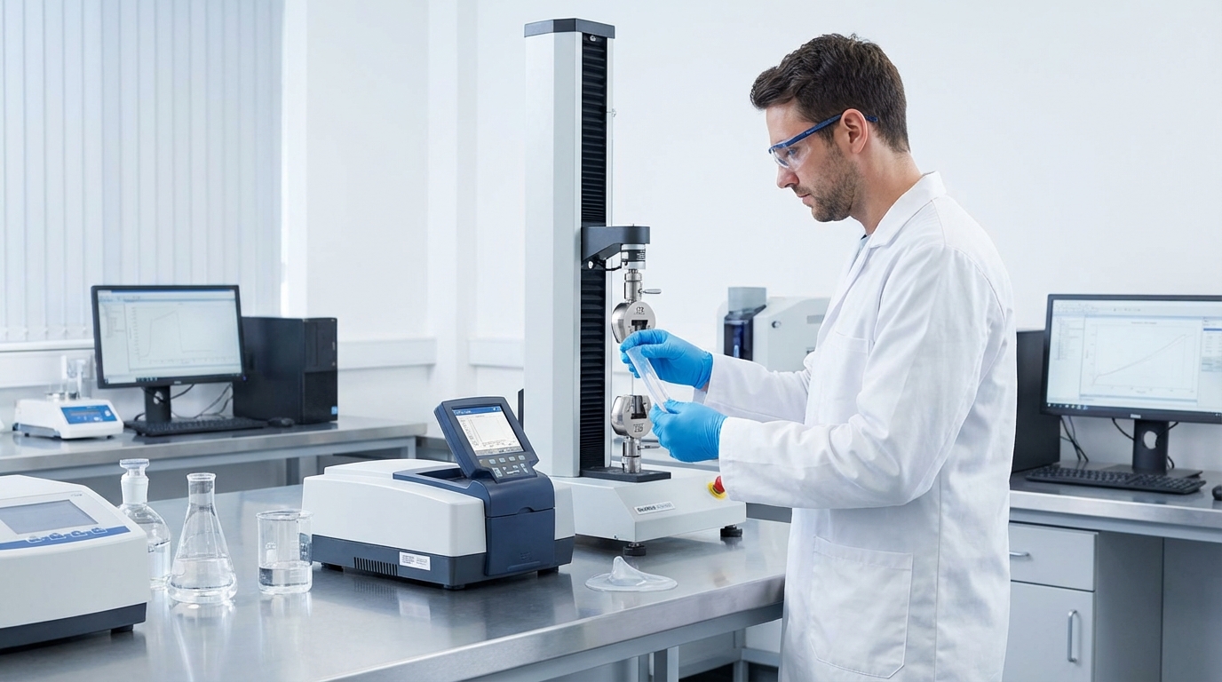 Lab technician performing chemical analysis on silicone material samples
