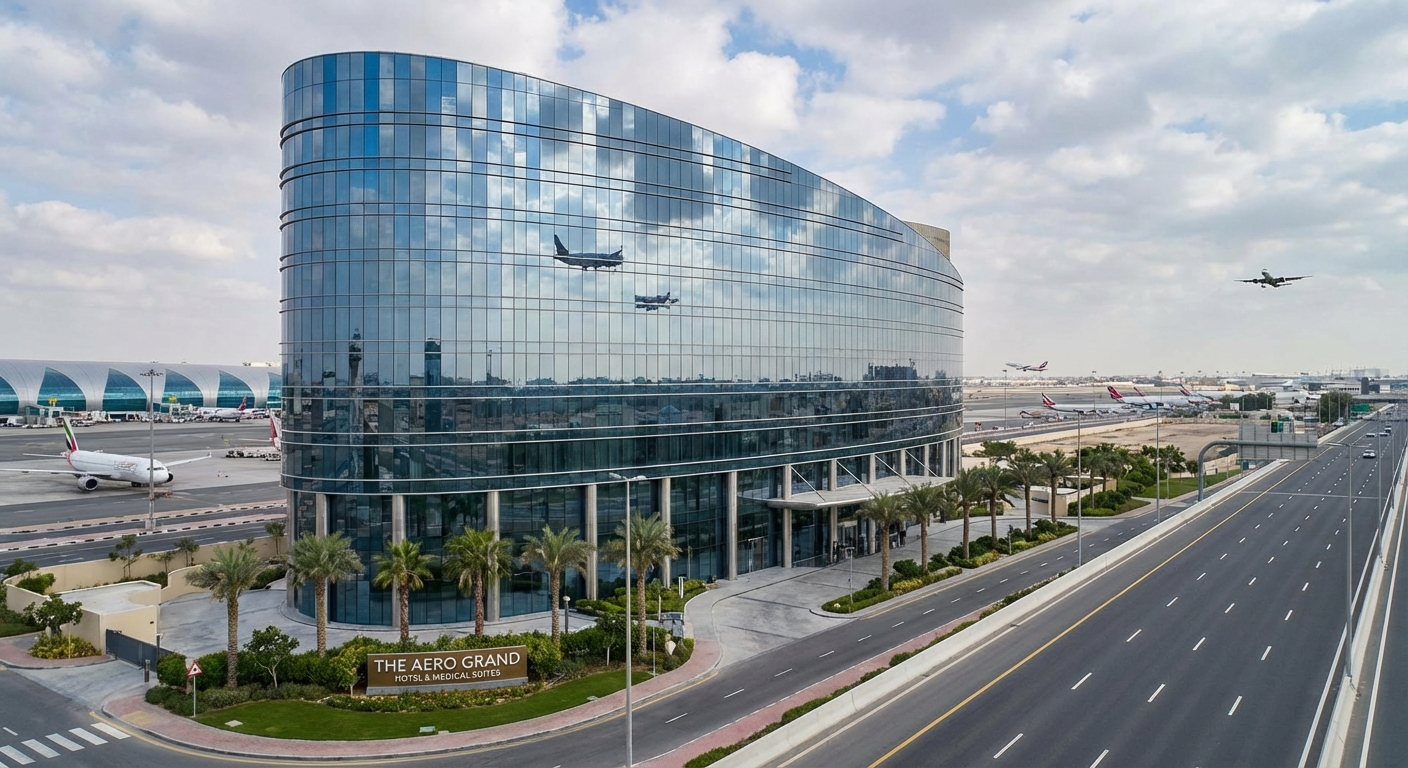 Luxury hotel facade near an international airport