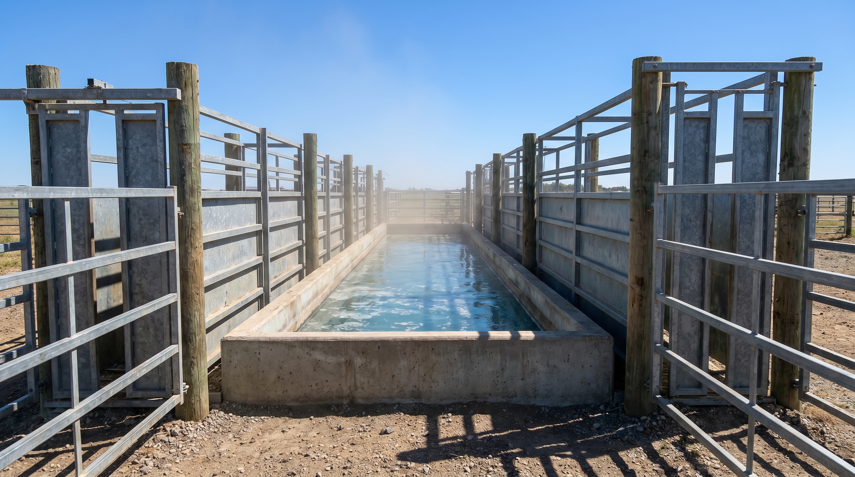 "Outdoor livestock water trough enclosed by metal fencing and wooden posts under a clear blue sky."