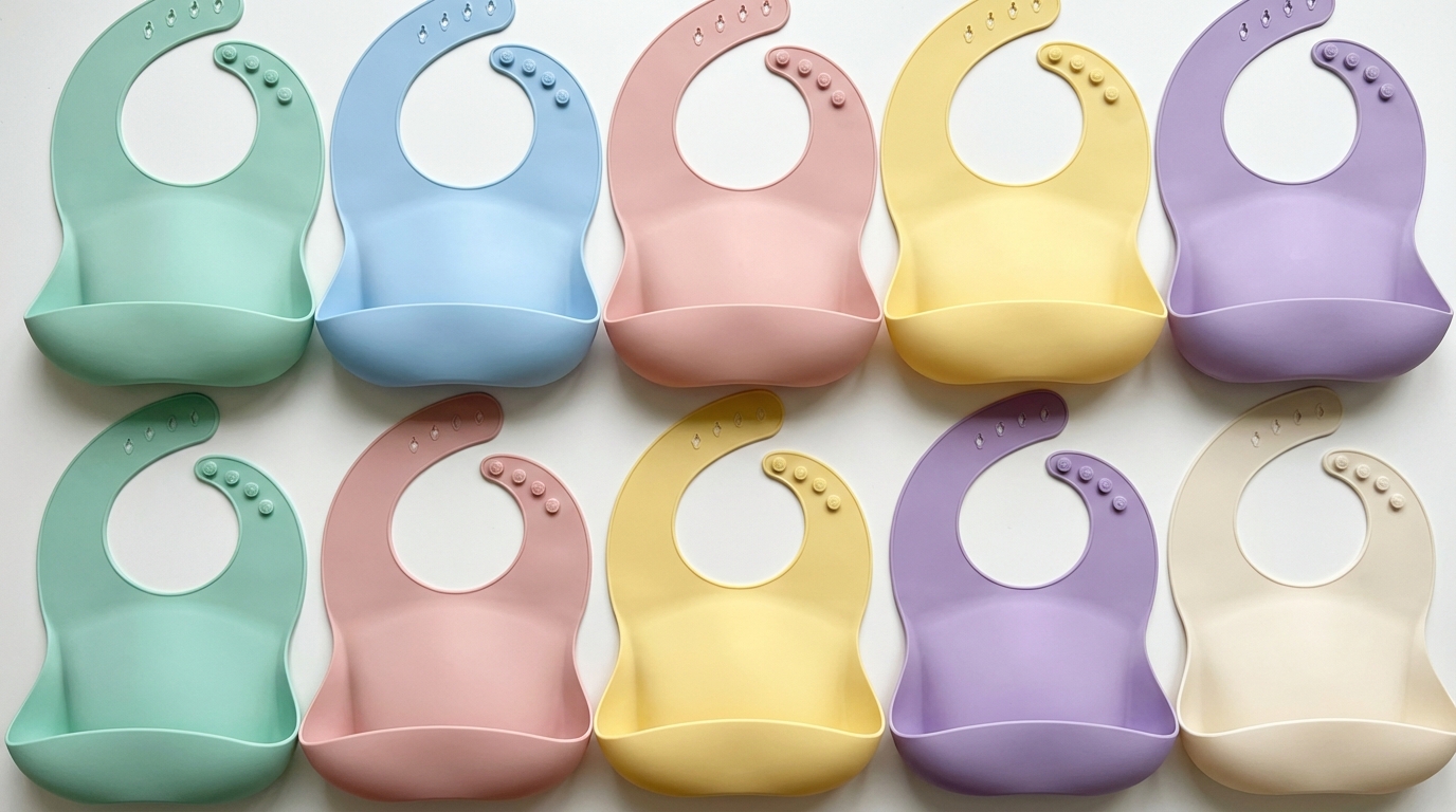 Flatlay of various colored silicone bibs