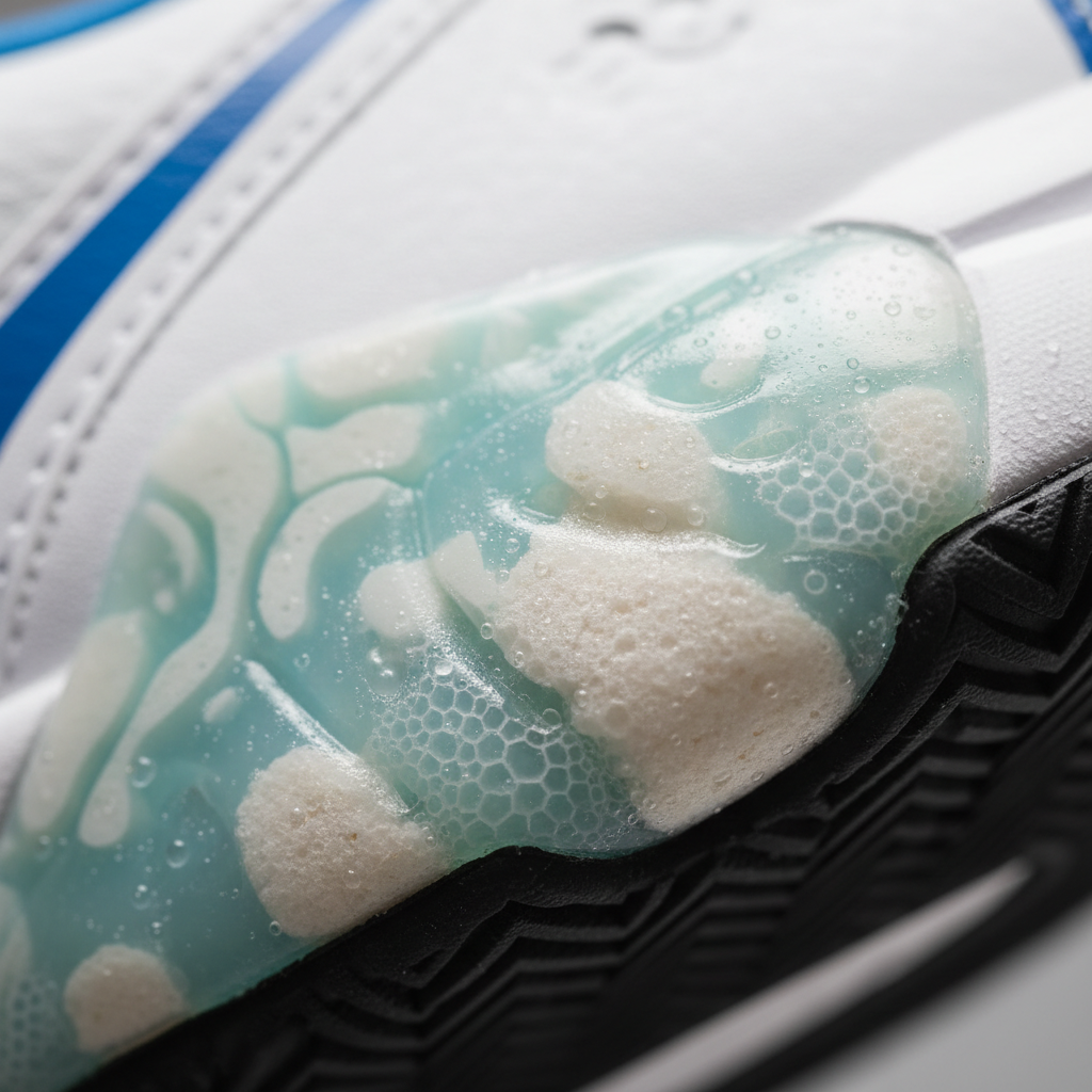A macro shot of the heel cushioning technology, showing the foam or gel layers used for shock absorption.
