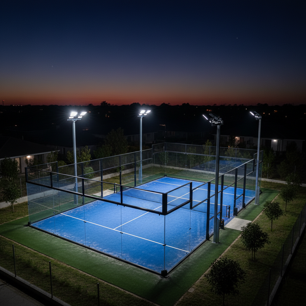 Architectural Visualization: A wide-angle evening shot of a luxury sports club with four panoramic padel courts. index 7