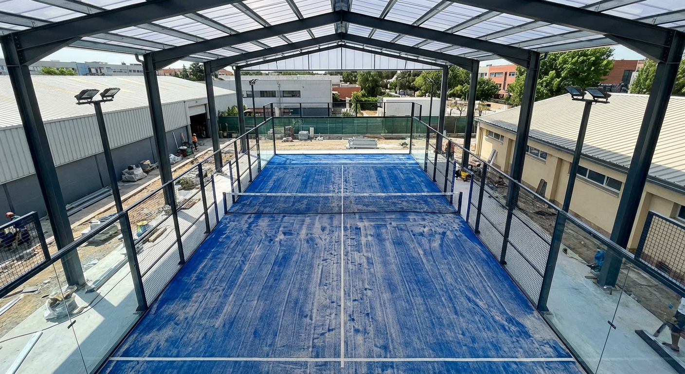 Roofed padel court under construction with blue turf
