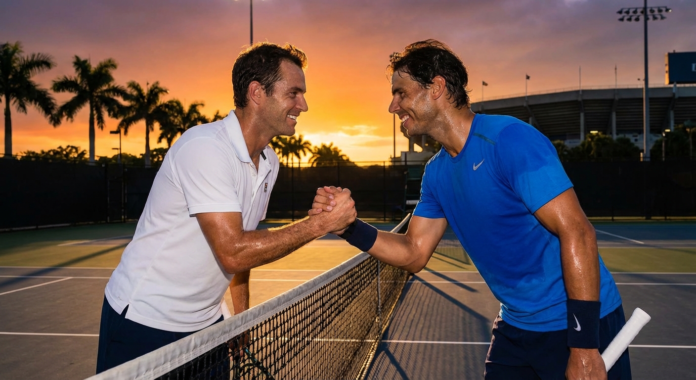 Photorealistic image of two players shaking hands over the net after a grueling tie-break, with the sun setting behind an outdoor court.
