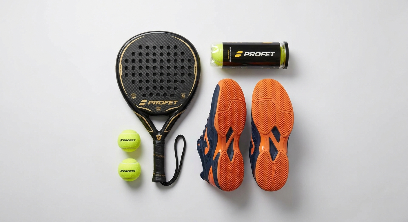 professional padel equipment flatlay