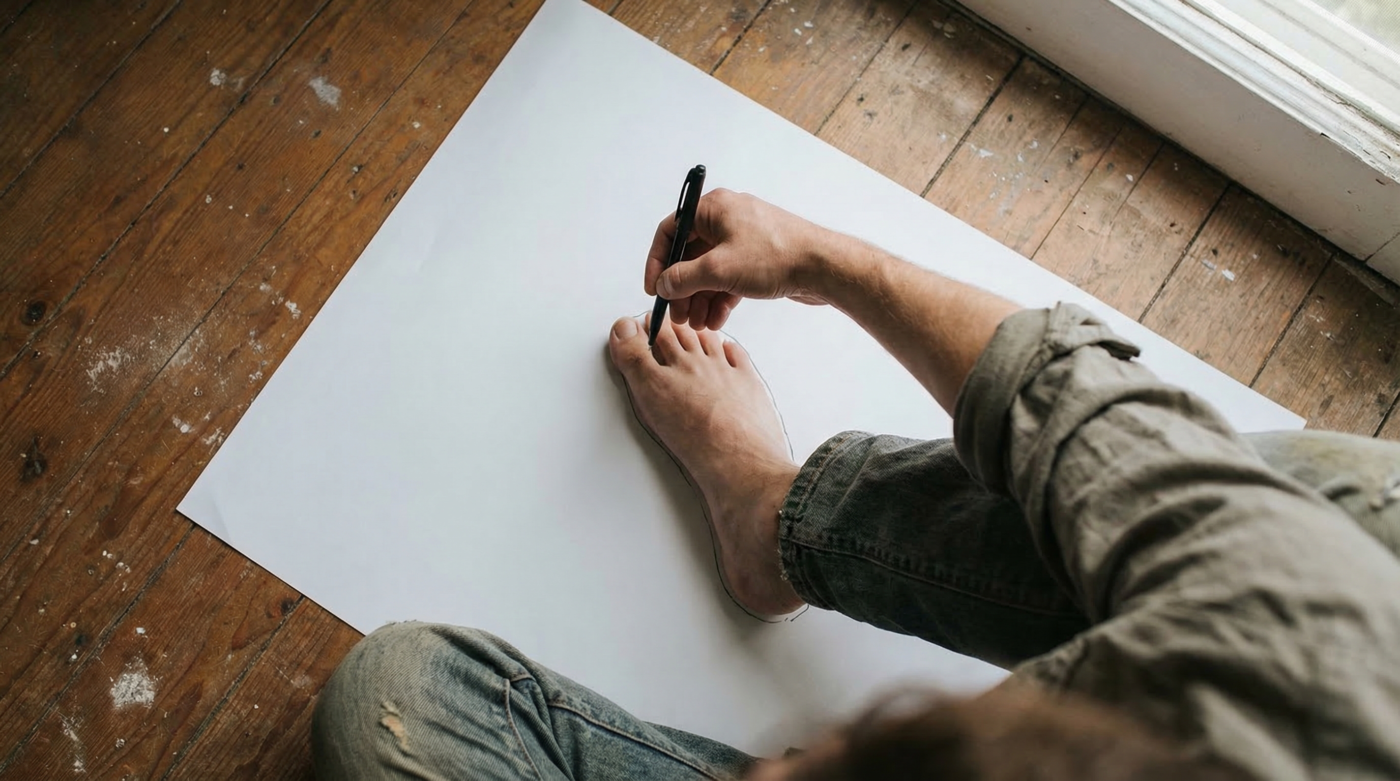 Person tracing their foot on white paper