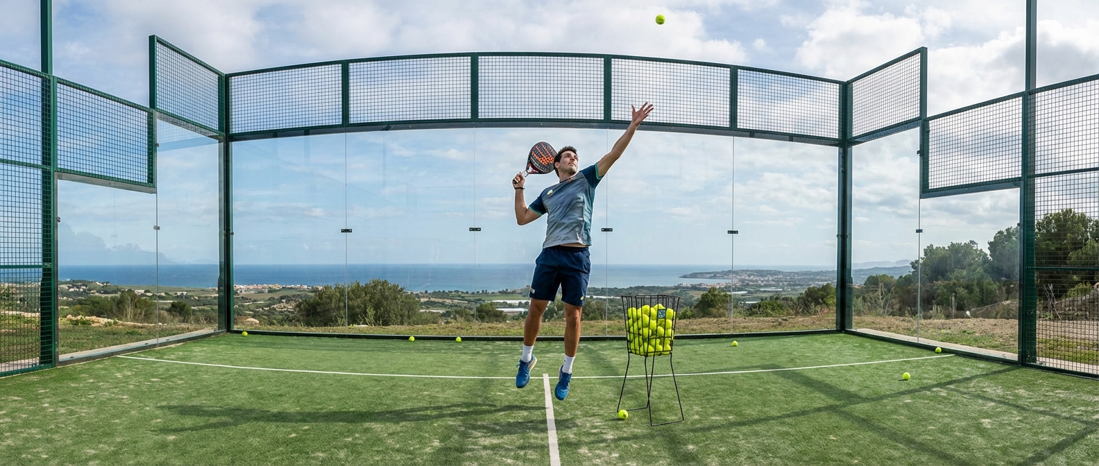 A player training with a ball machine or basket, surrounded by multiple balls on a pristine court