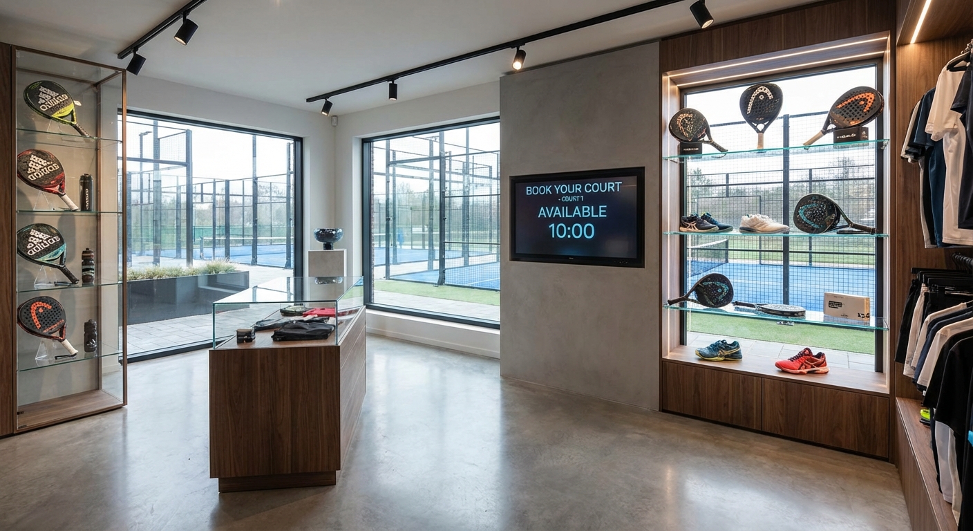 A sleek digital interface of a padel pro-shop with racquets on glass shelves and a screen showing court availability and booking options