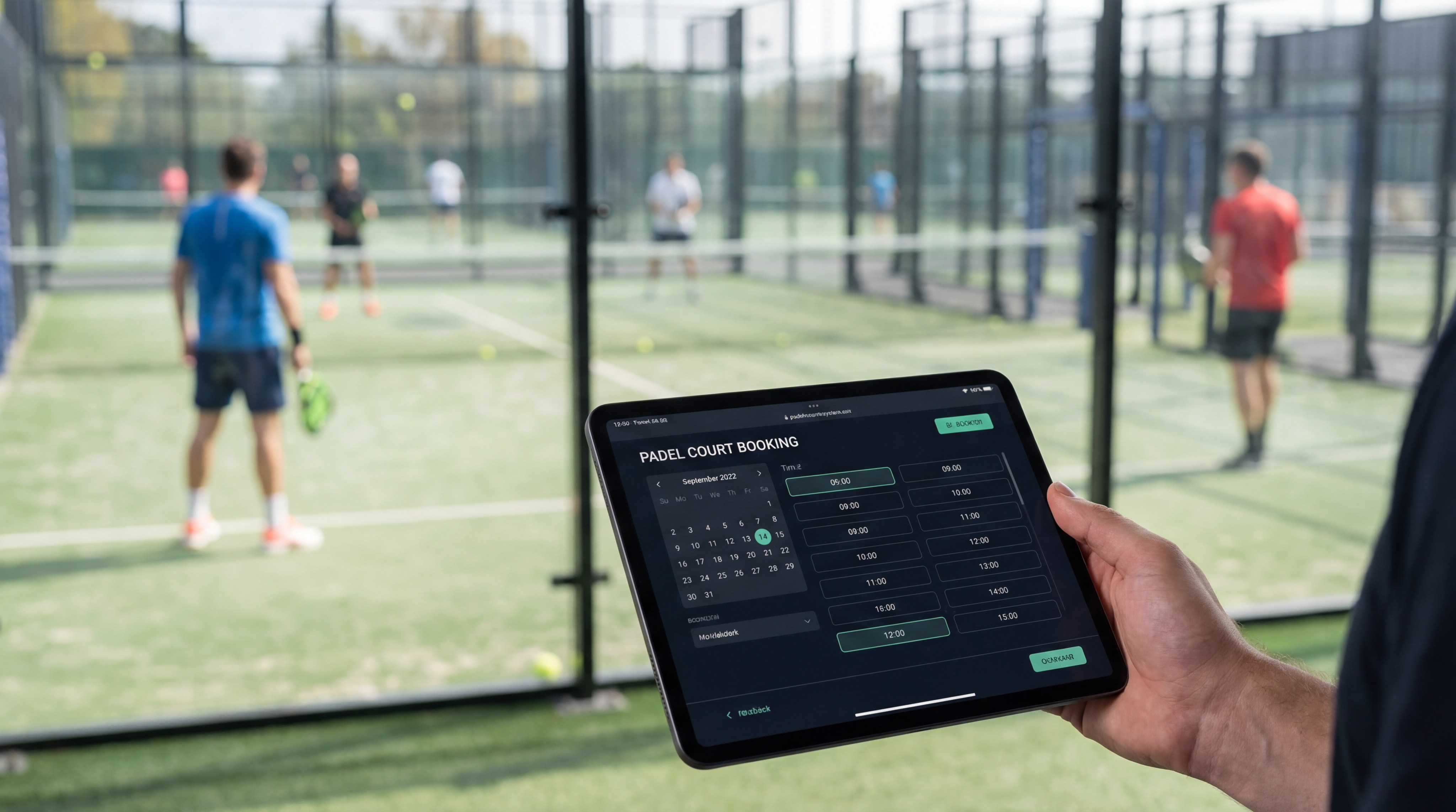 A hand holding a tablet displaying a modern court booking interface