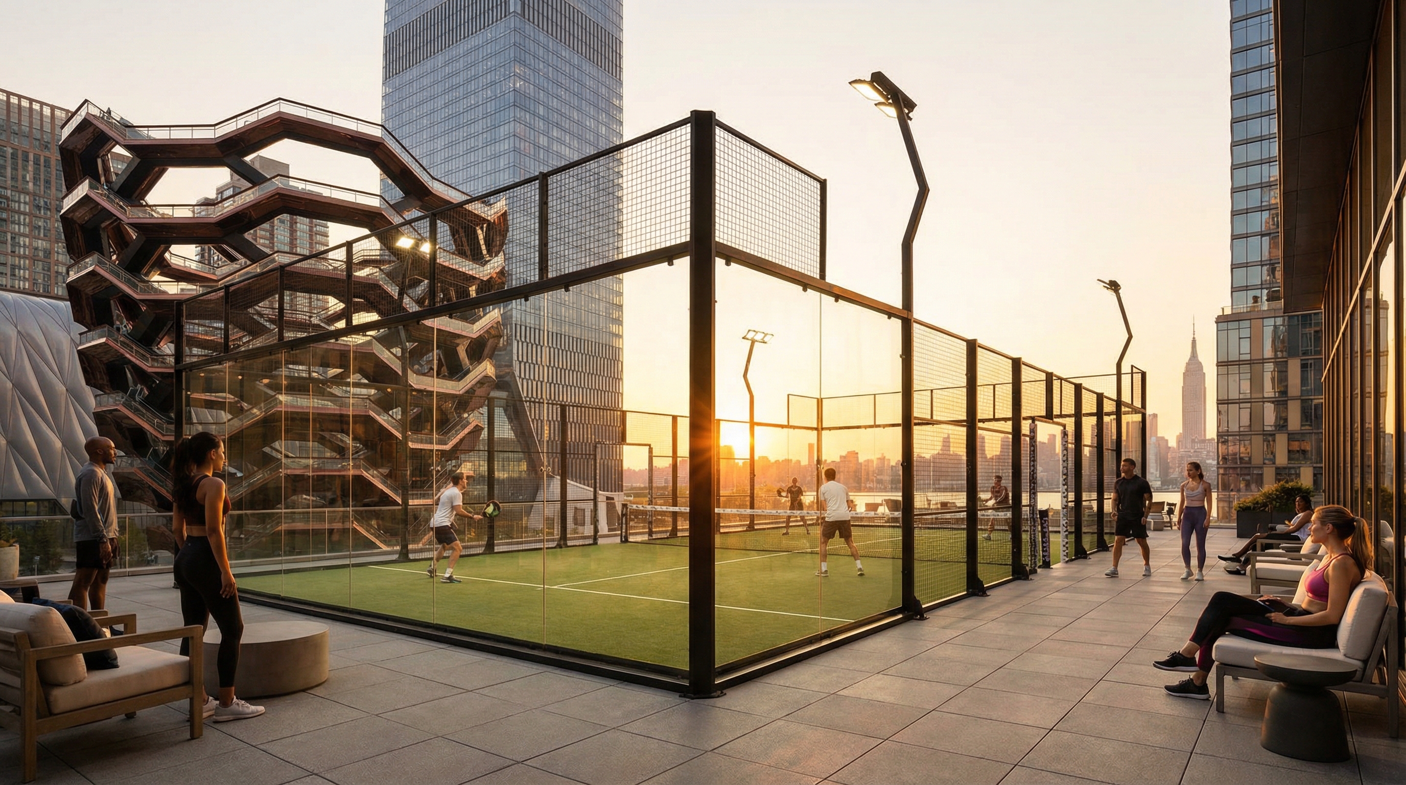 Luxury padel court in Hudson Yards with glass walls and professional lighting