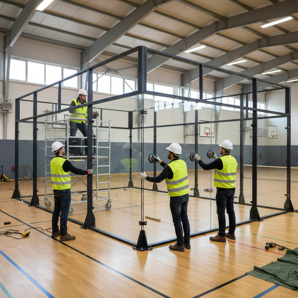 An installation team assembling a modular padel court frame