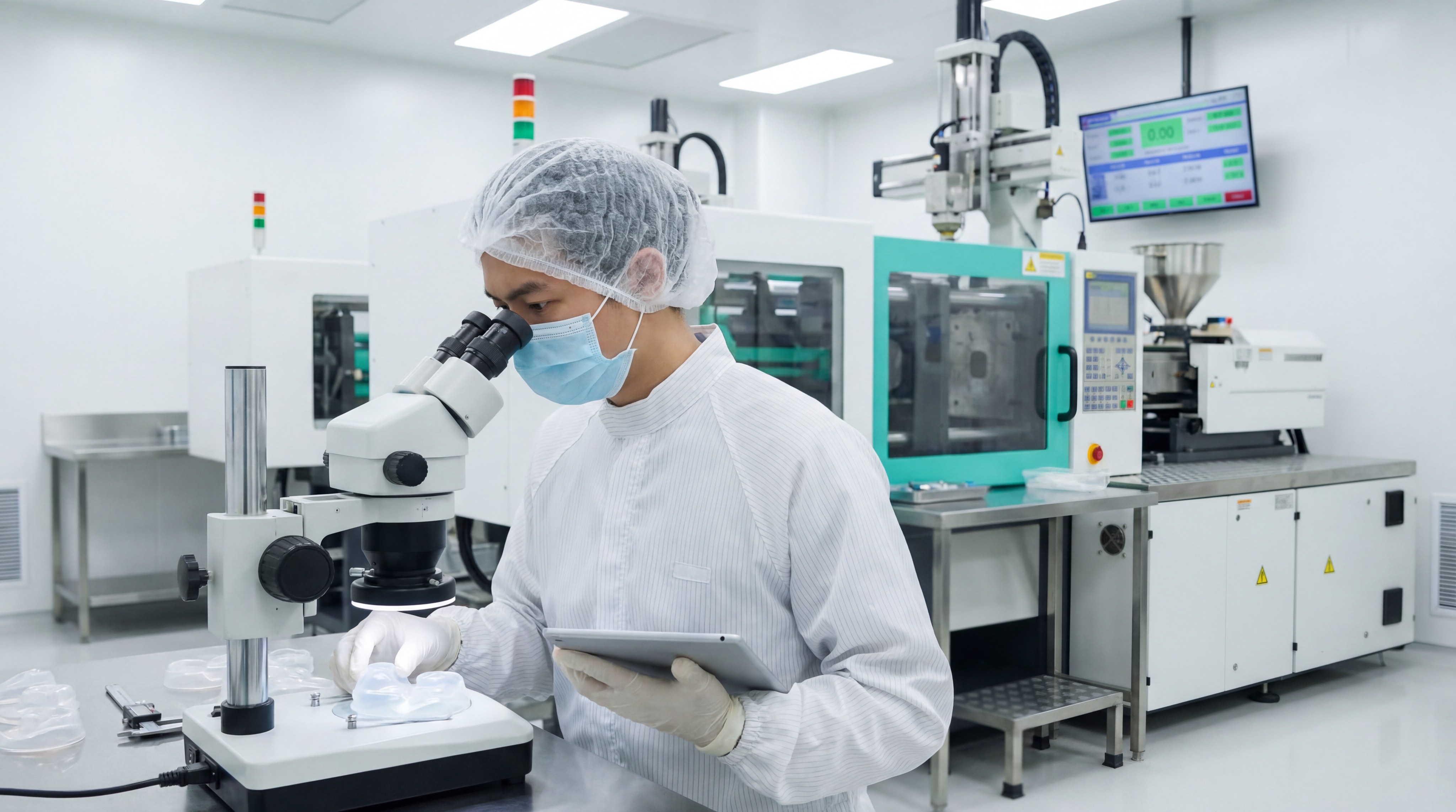 Quality control technician inspecting medical silicone parts