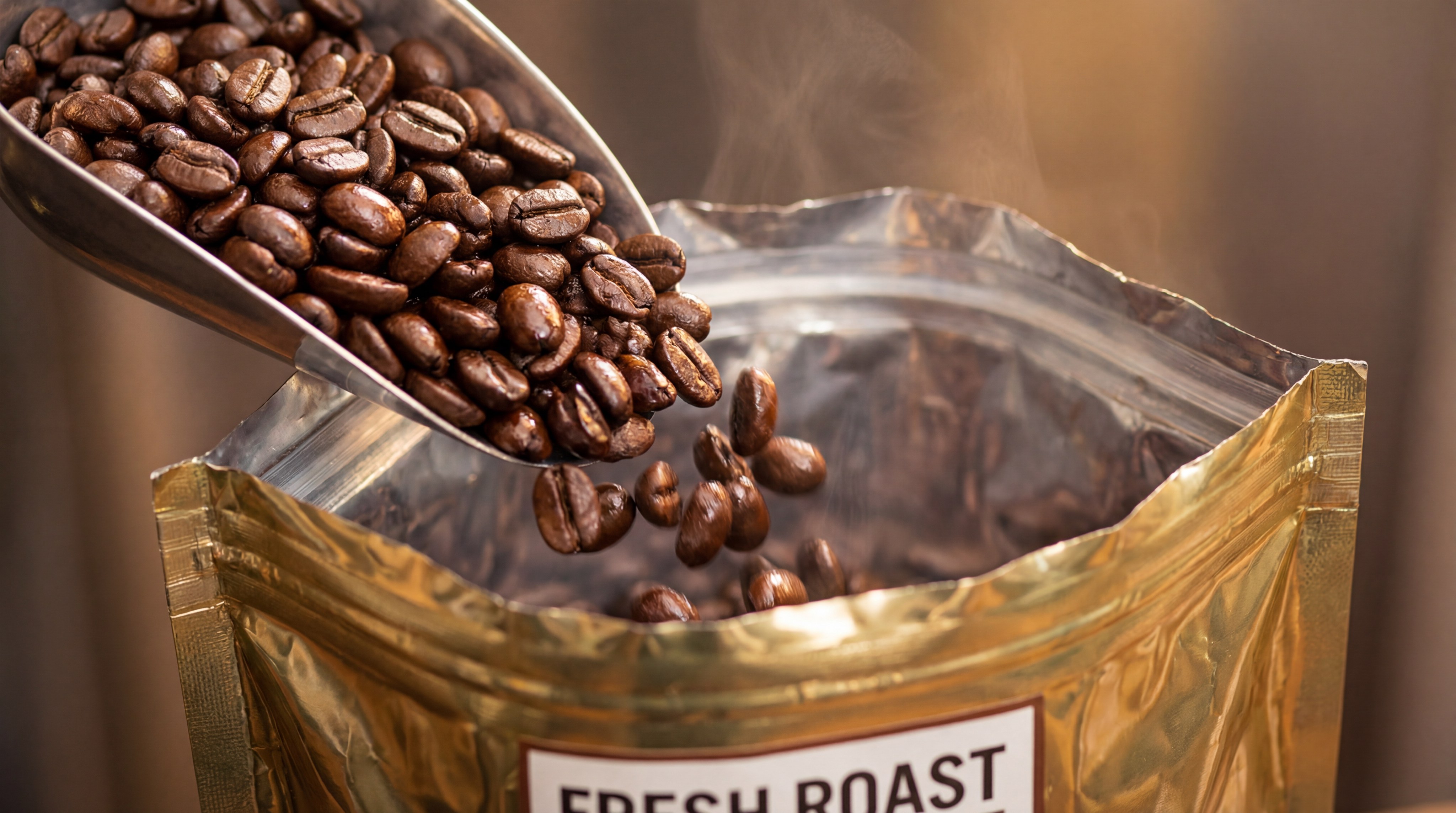 Premium roasted beans pouring into a bag designed for maximum coffee aroma retention.