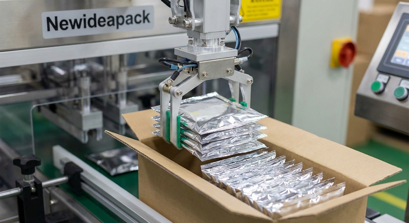 A close-up of drip coffee pouches being precisely organized into a retail box by an automatic cartoning machine.