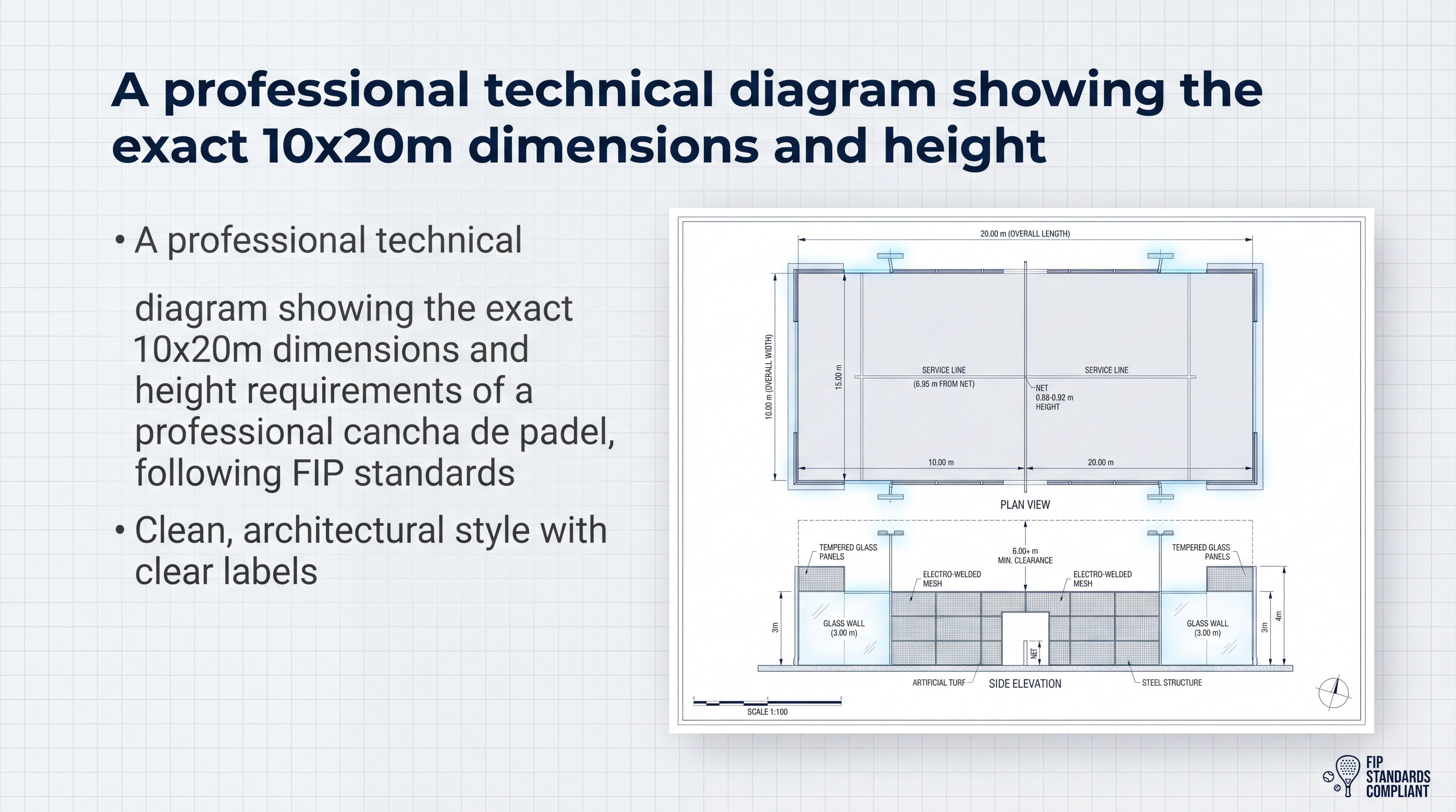 A professional technical diagram showing the exact 10x20m dimensions and height requirements of a professional cancha de padel