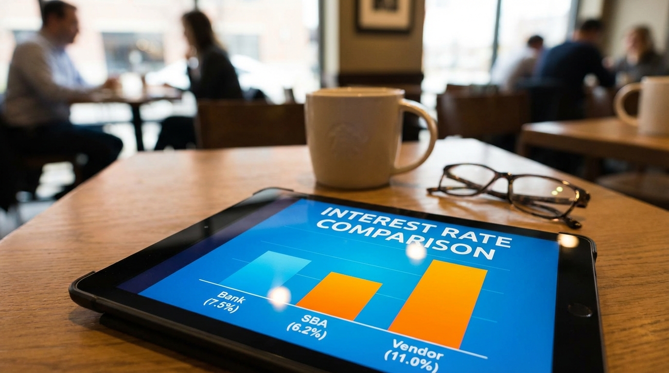 Business owner analyzing ROI and packaging machinery financing options for coffee roastery automation