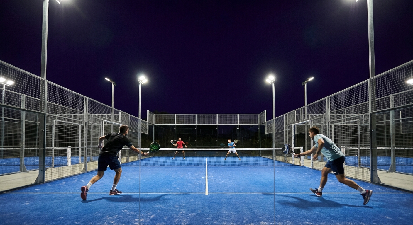 A night-time photorealistic shot of an outdoor padel court illuminated by bright, white LED floodlights, showing no shadows on the blue turf.