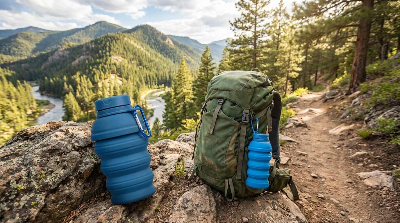 A person enjoying fresh, clean water from a silicone bottle, looking refreshed.