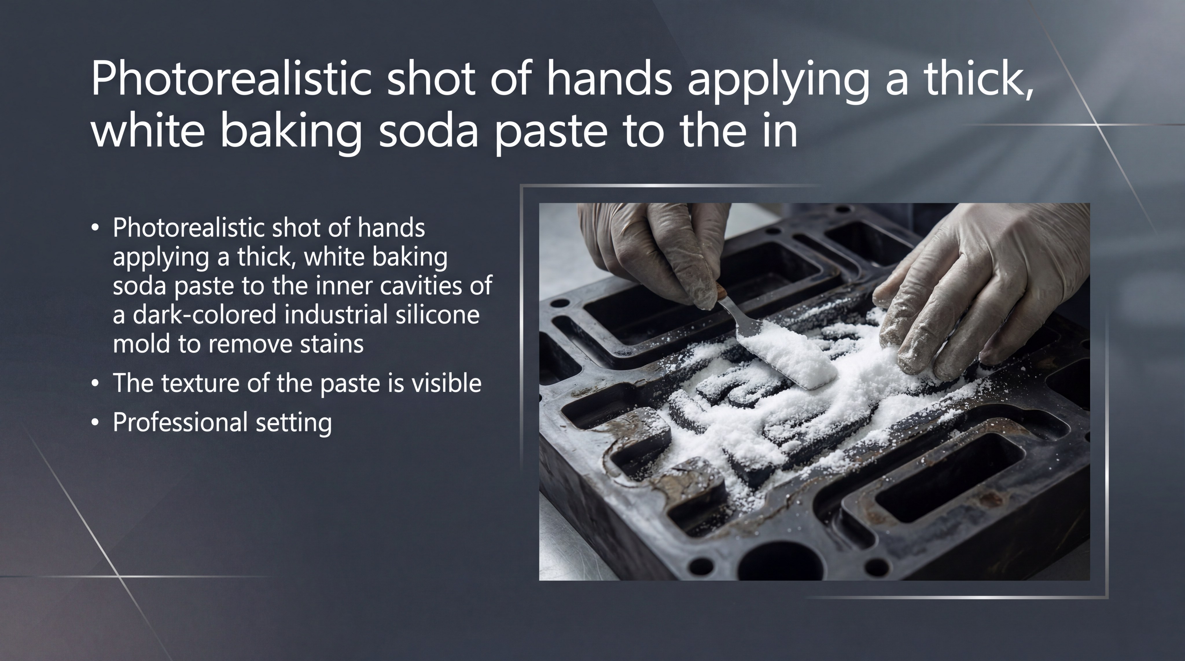 Photorealistic shot of hands applying a thick, white baking soda paste to the inner cavities of a dark-colored industrial silicone mold to remove stains