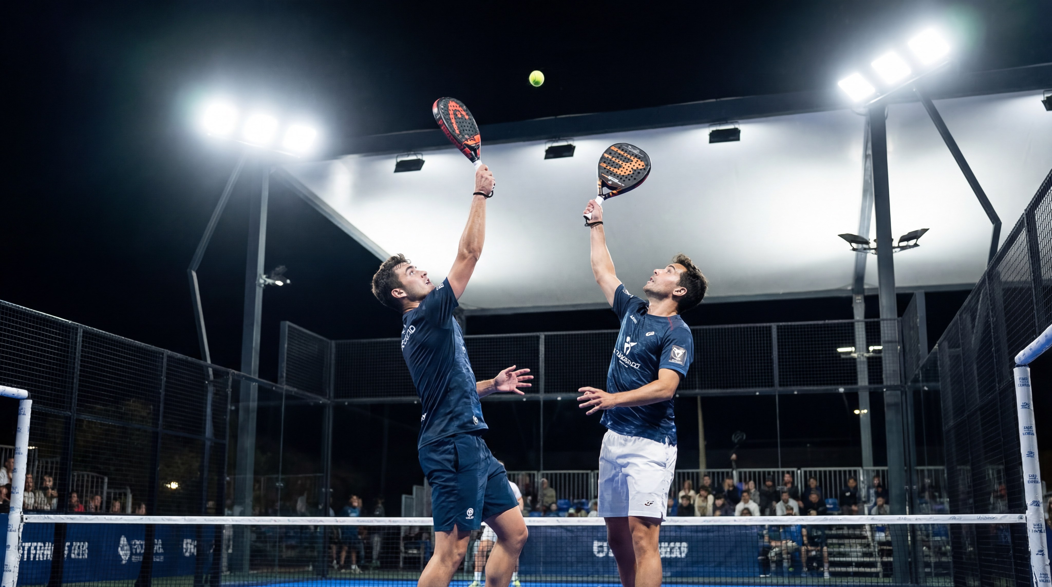 Action shot of padel players under bright lights performing a lob shot