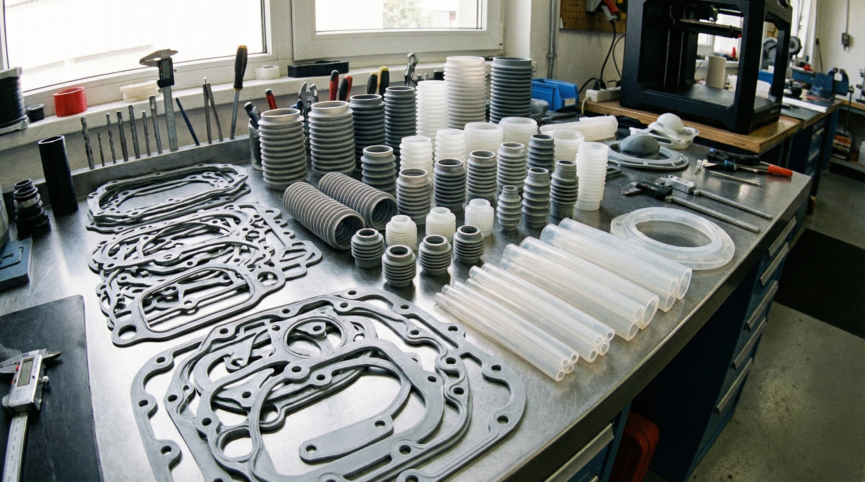 Batch of various 3D printed silicone parts for industrial use