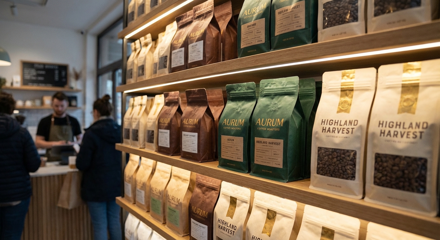 A retail shelf showing premium coffee bags in eco-friendly barrier packaging