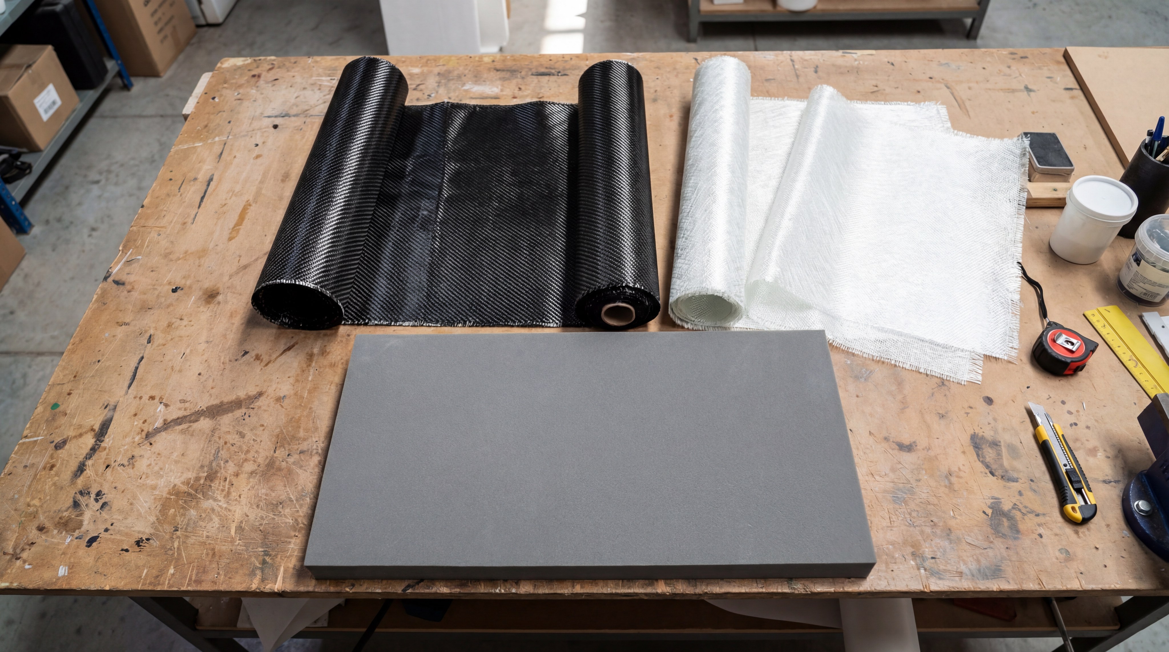 A flat-lay photograph showing raw materials: sheets of black carbon fiber, rolls of white fiberglass, and a thick block of grey EVA foam. Tools like a precision cutter and resin bottles are neatly organized.