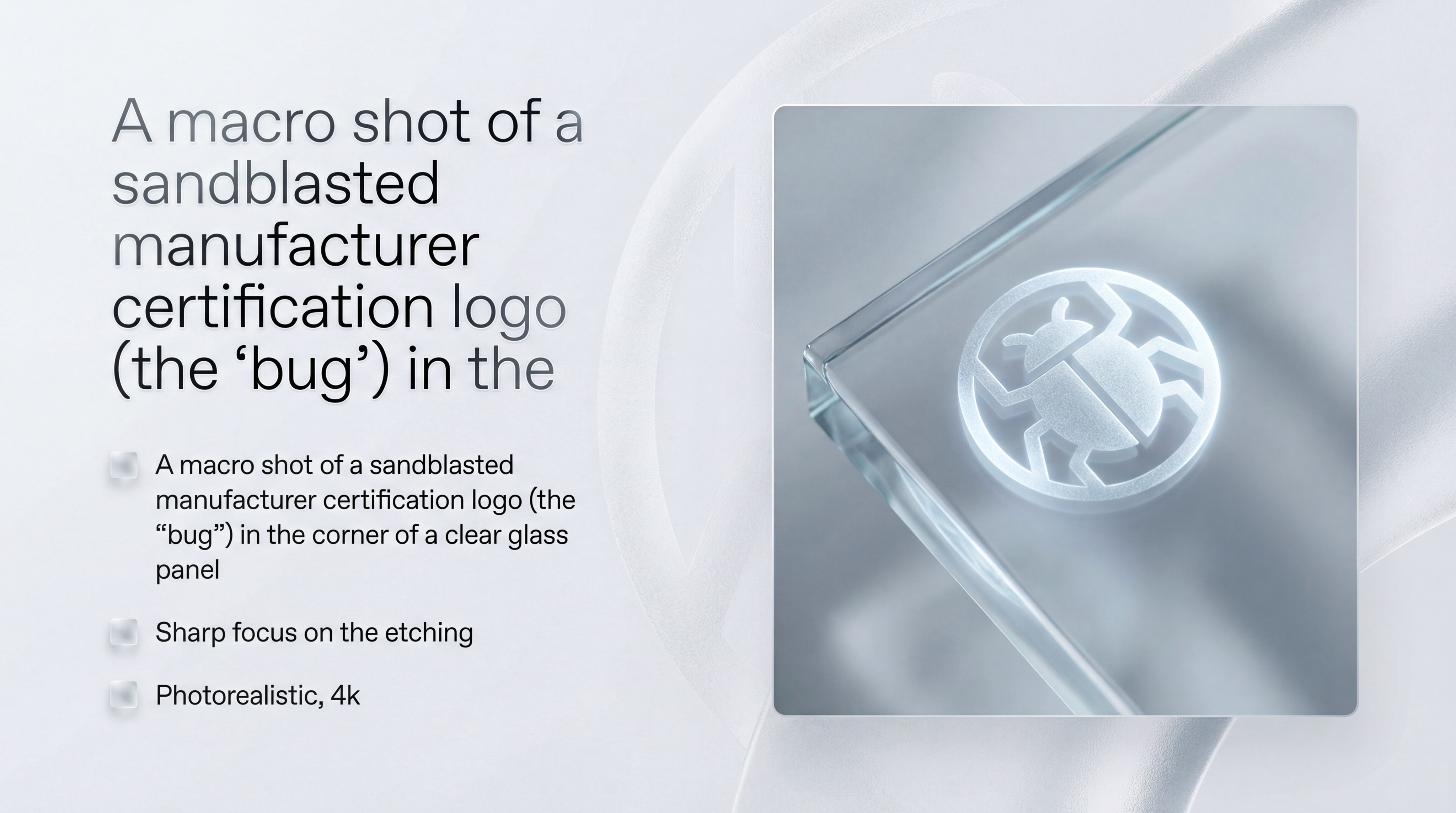 A macro shot of a sandblasted manufacturer certification logo (the 'bug') in the corner of a clear glass panel