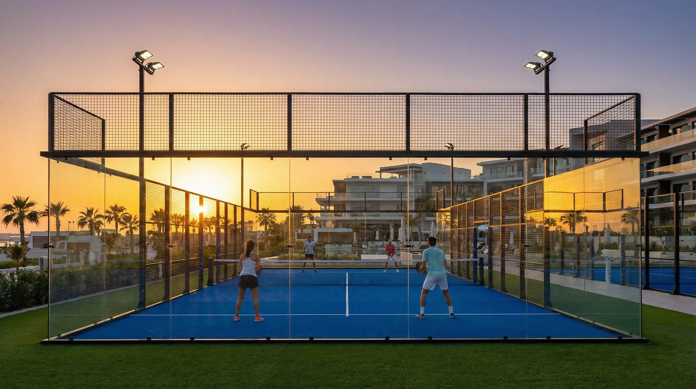 A high-end Panoramic Padel Court at sunset, emphasizing the clear glass walls and absence of rear structural posts.
