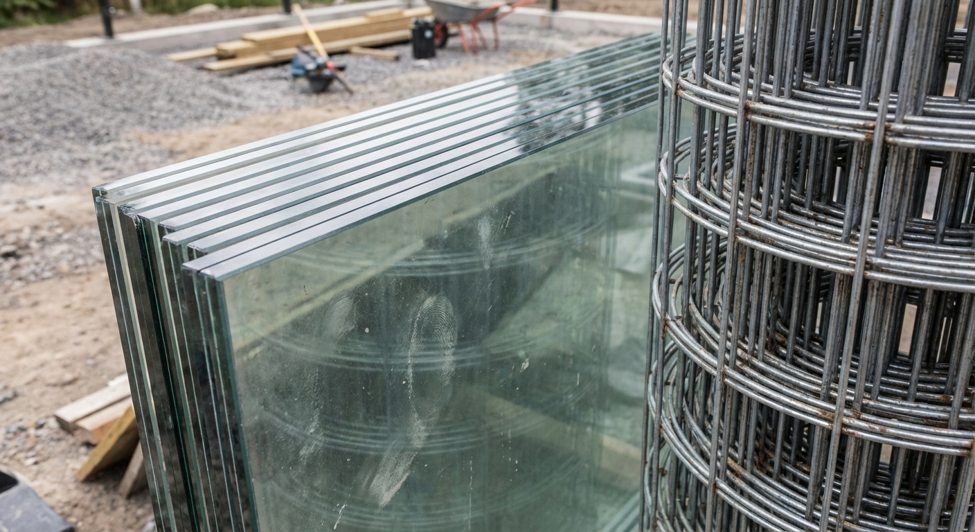 Close-up of tempered glass panels and steel mesh used in construction