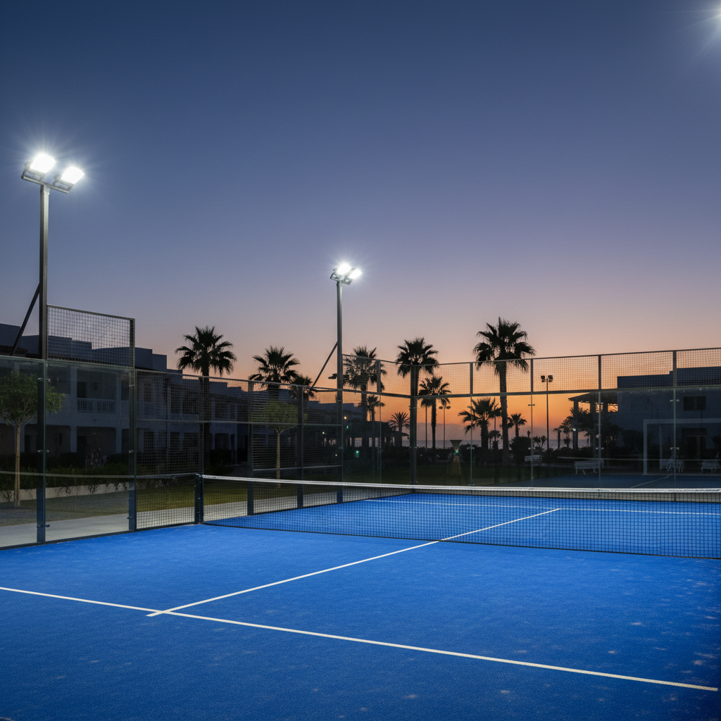 padel court floodlights dusk