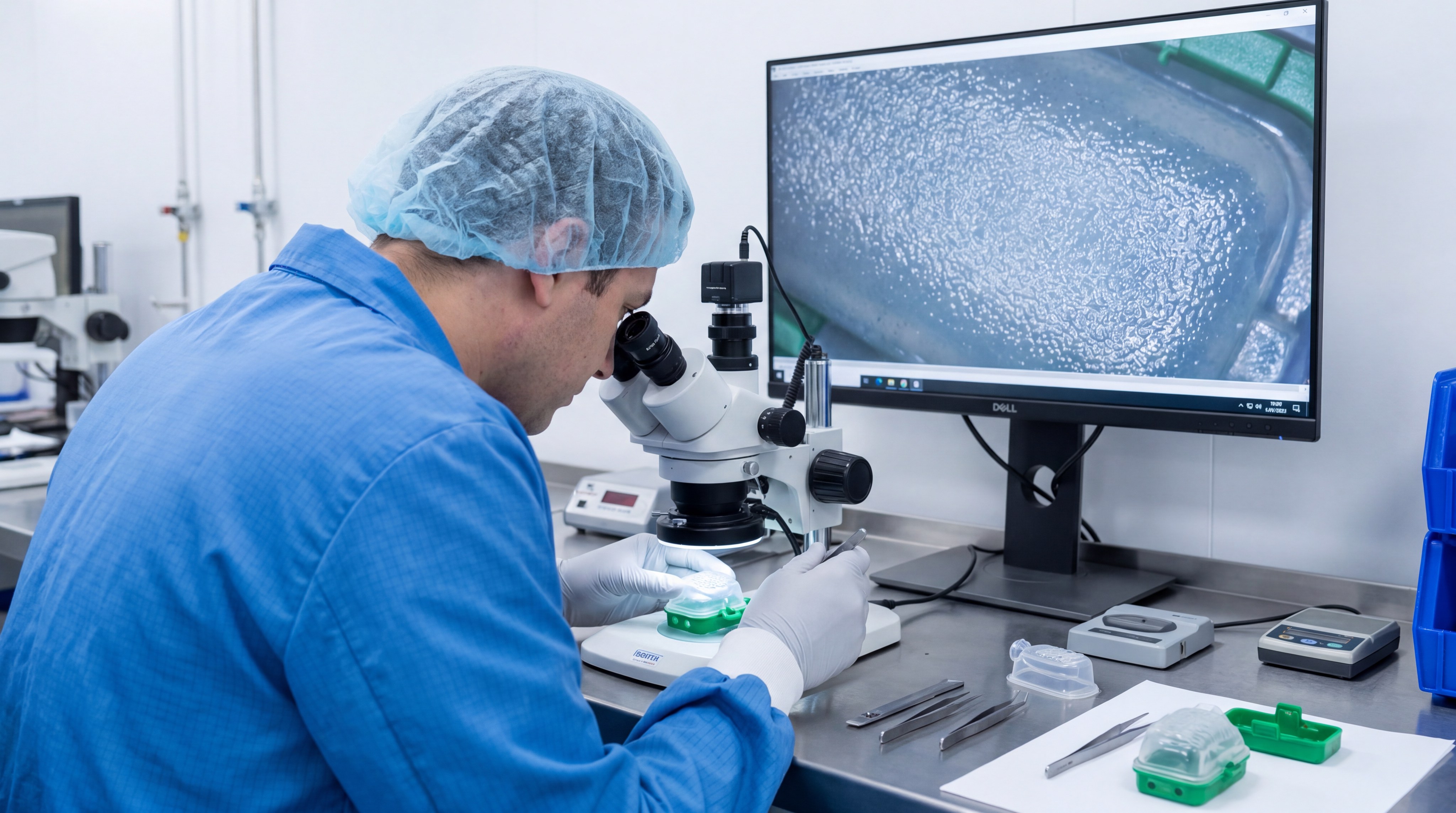 An engineer inspecting an overmolded LSR part using a high-precision digital microscope.