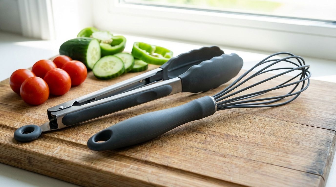 A variety of colorful silicone kitchen utensils including whisks and spatulas arranged on a marble countertop