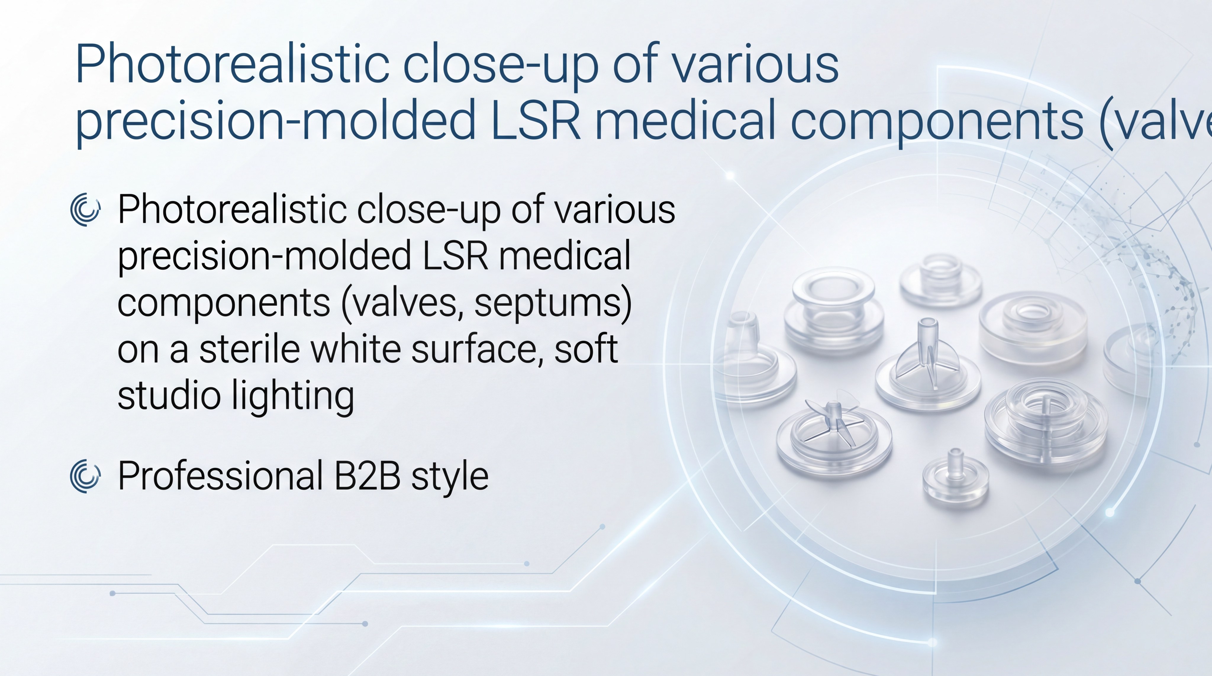 A close-up of various precision-molded LSR medical components