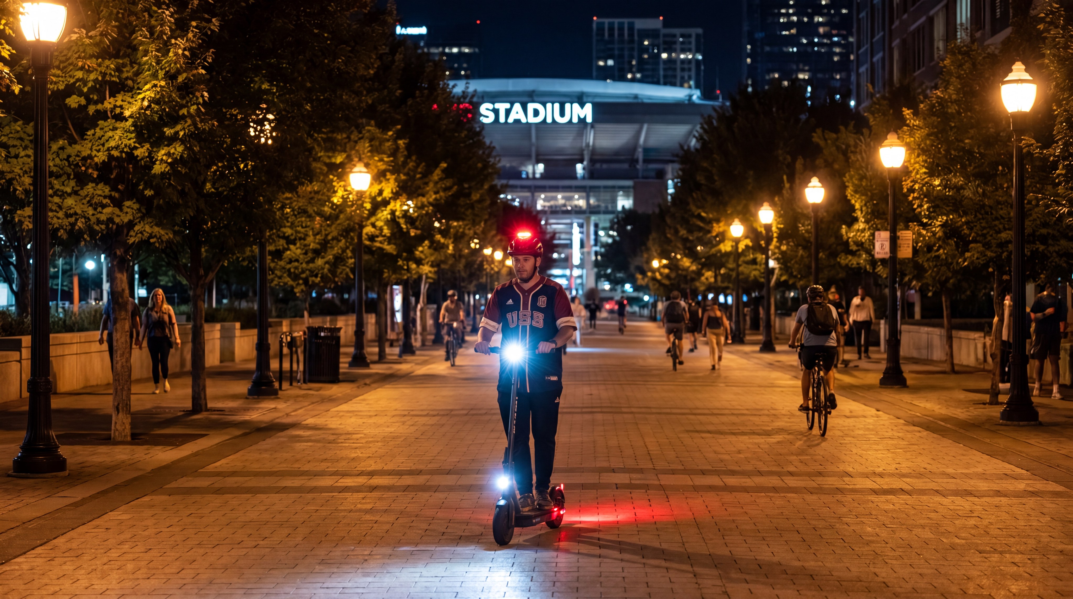 Riding an electric scooter safely at night with bright headlights