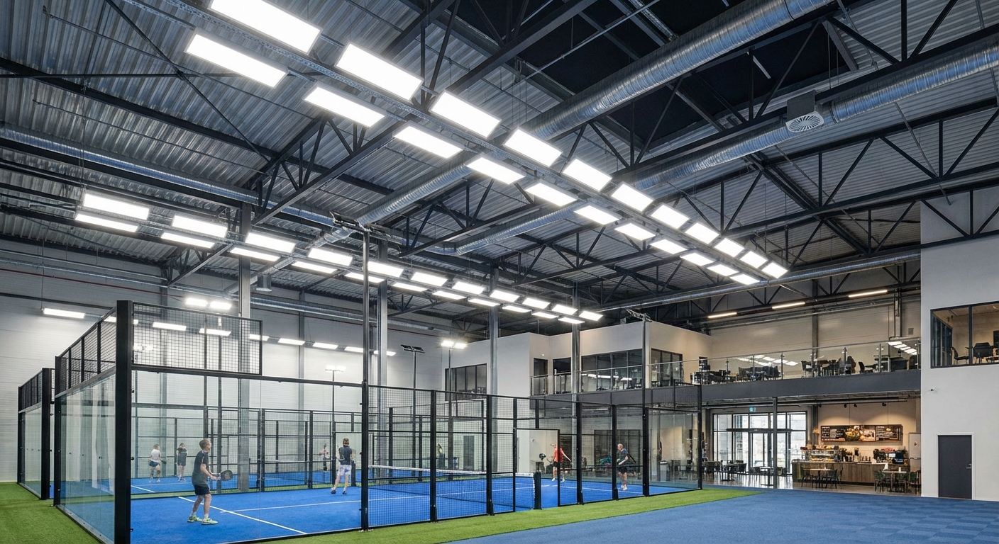 An interior view of a modern indoor padel club with high industrial ceilings and professional LED lighting, emphasizing the vast vertical space above the court.