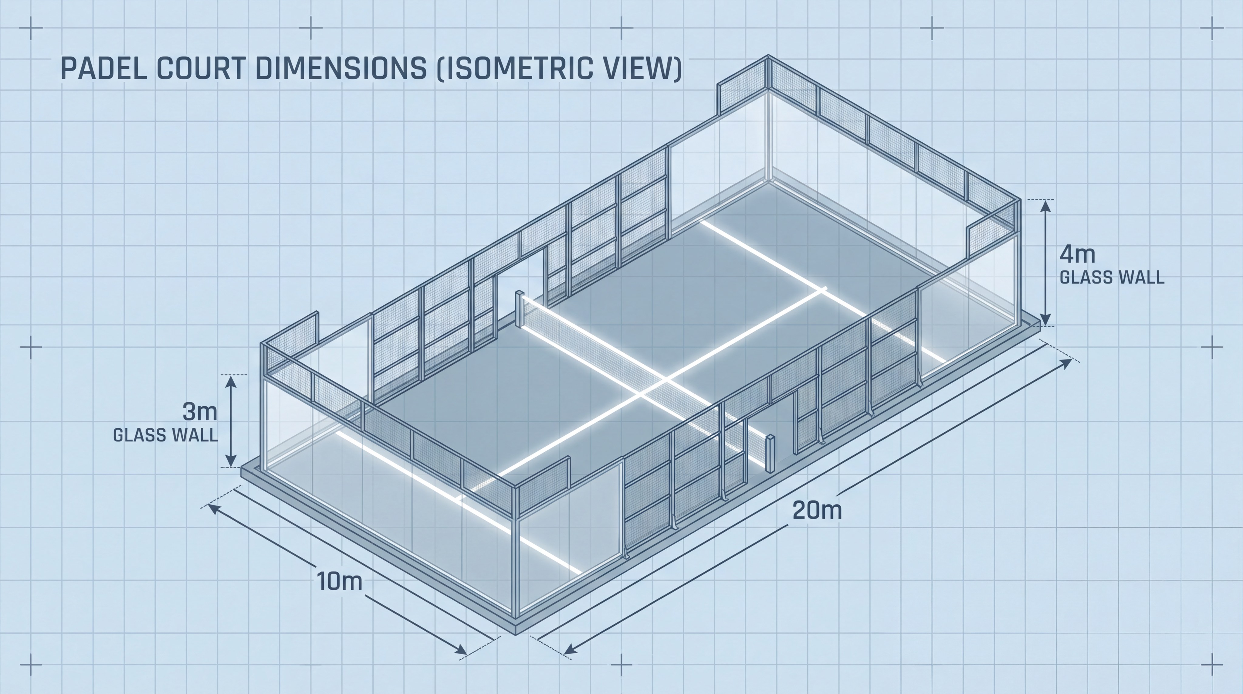 A 3D isometric infographic showing a 20x10m court with clean white lines, labeled dimensions (meters), and glass wall heights.
