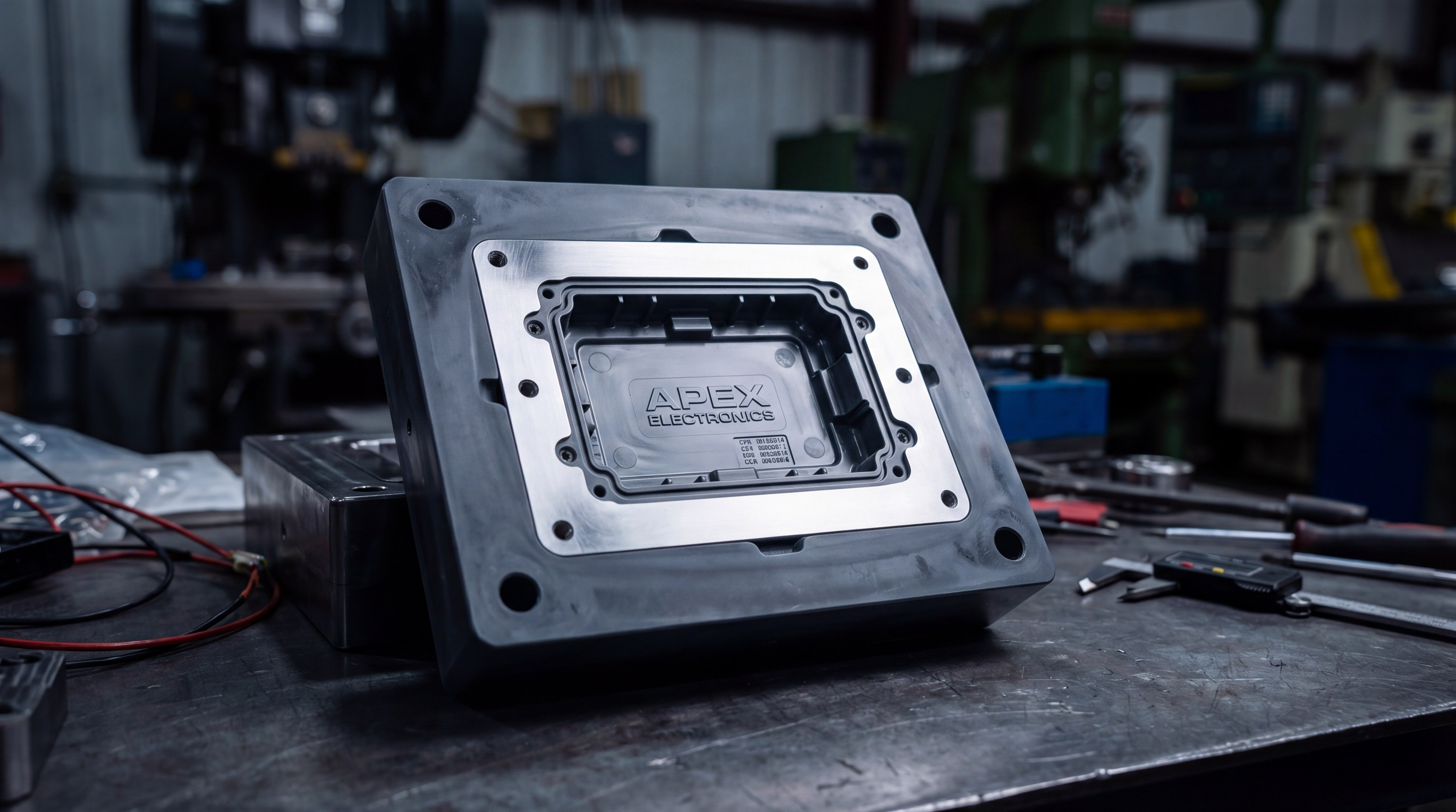 A high-precision steel custom silicone mold displaying a debossed company logo in the center, ready for the injection process.