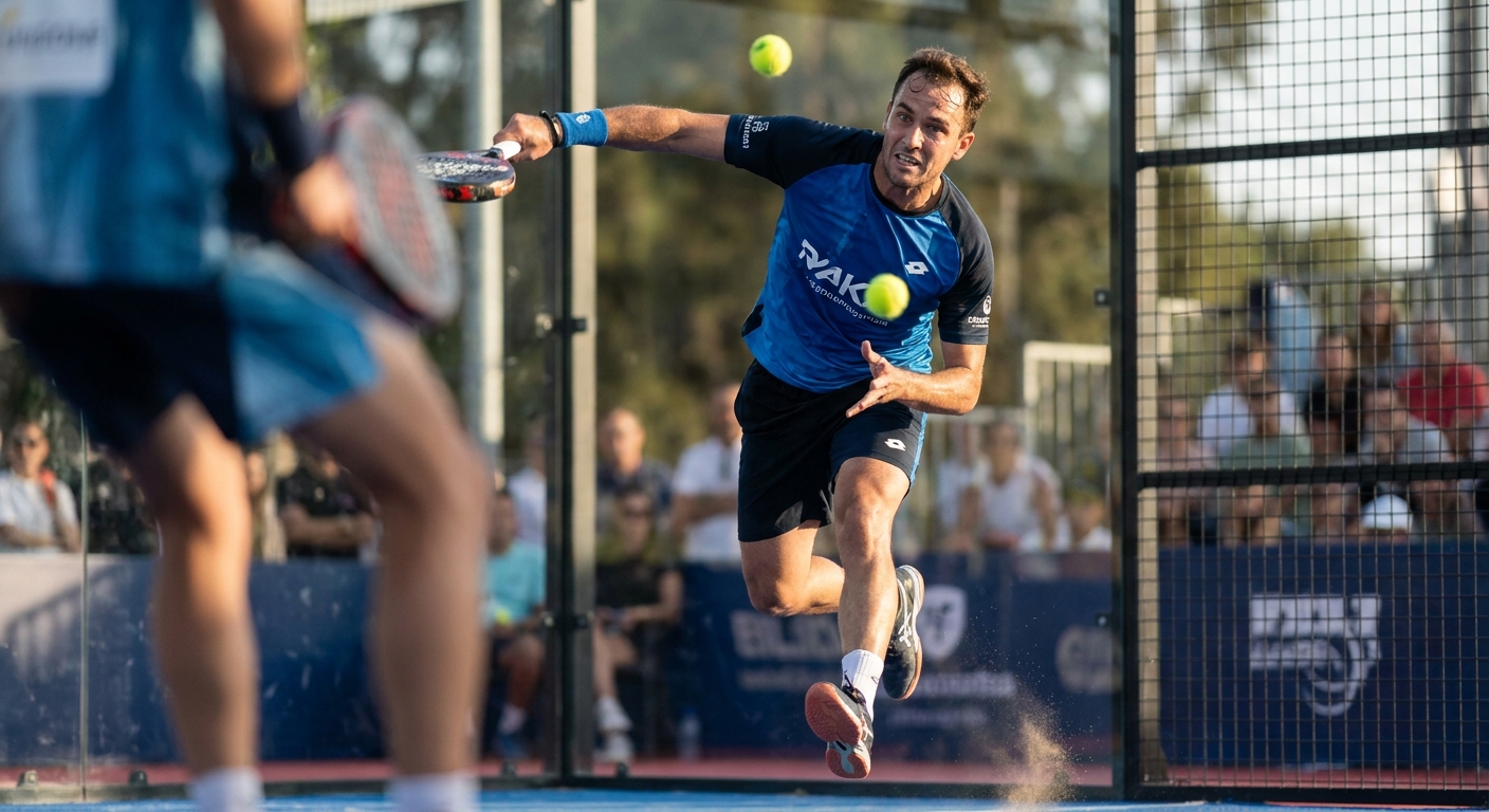 Player performing a jump smash on a padel court