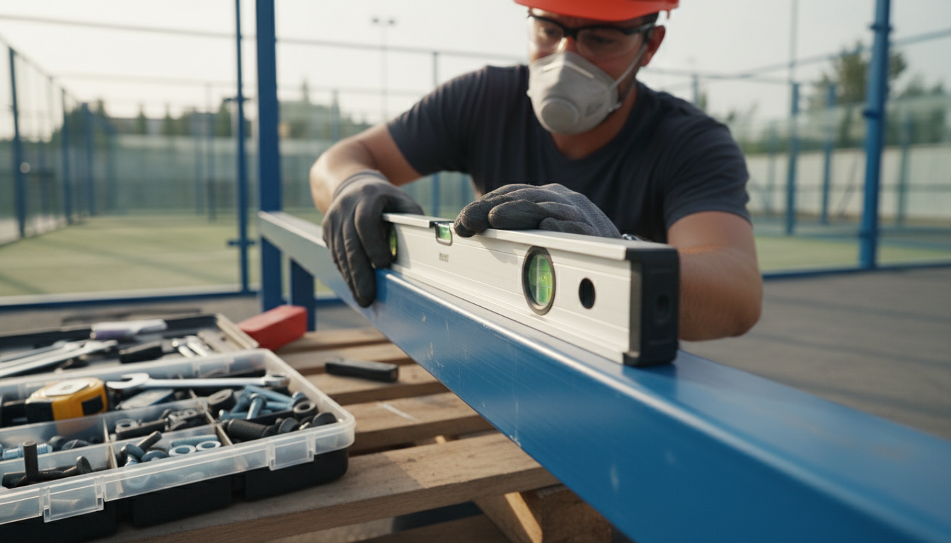 A specialized technician using a spirit level on modular steel beams