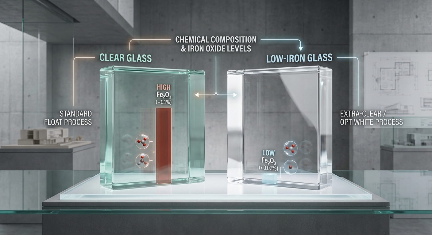 Photorealistic infographic comparing the chemical composition of clear glass with high iron oxide levels versus low-iron glass with refined materials