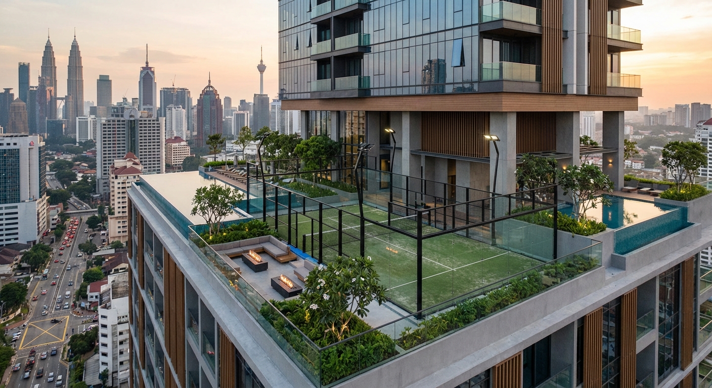 A luxury rooftop padel court on a modern skyscraper overlooking a dense city skyline with a swimming pool and lounge area nearby