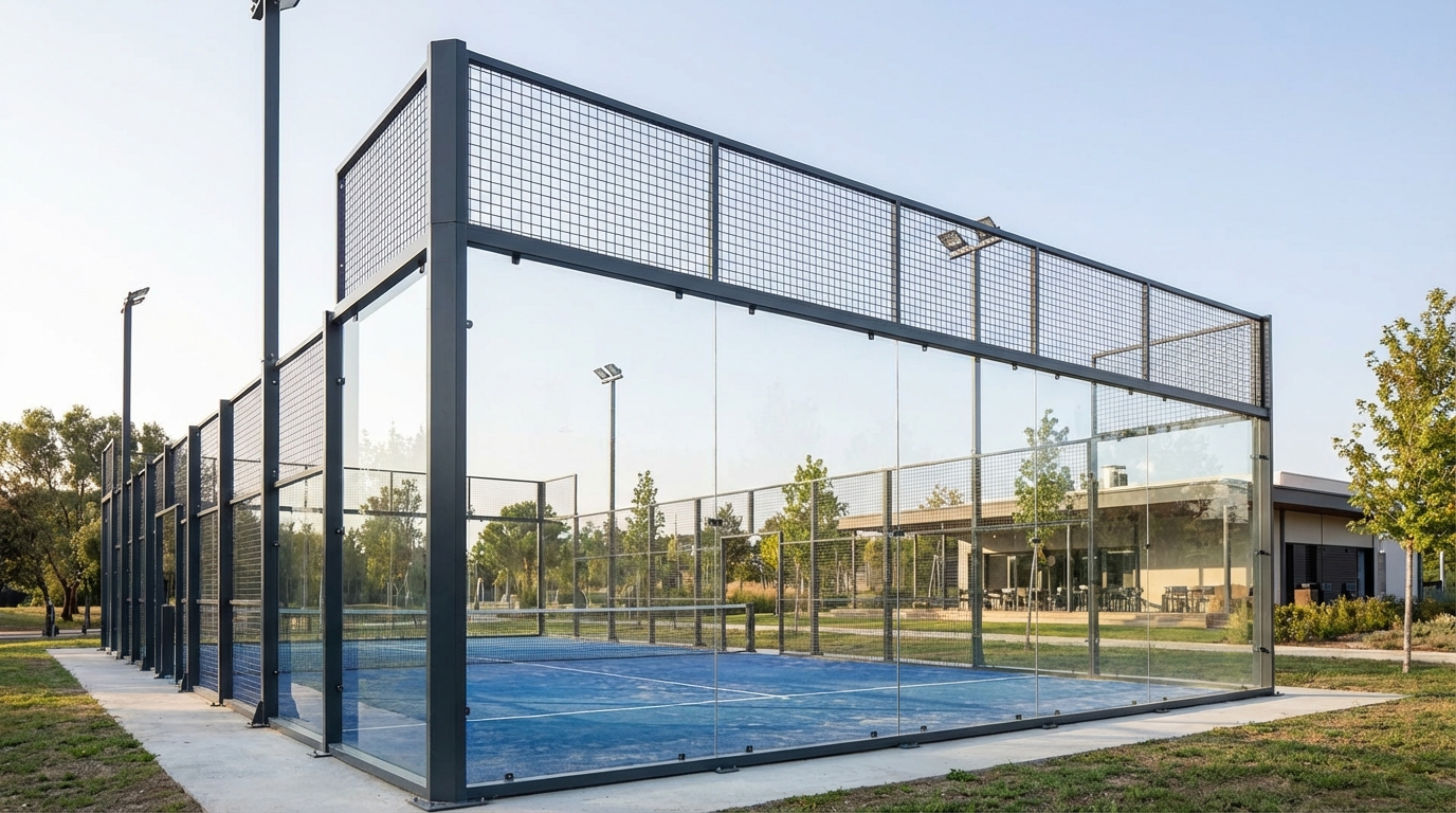modern padel court glass enclosure