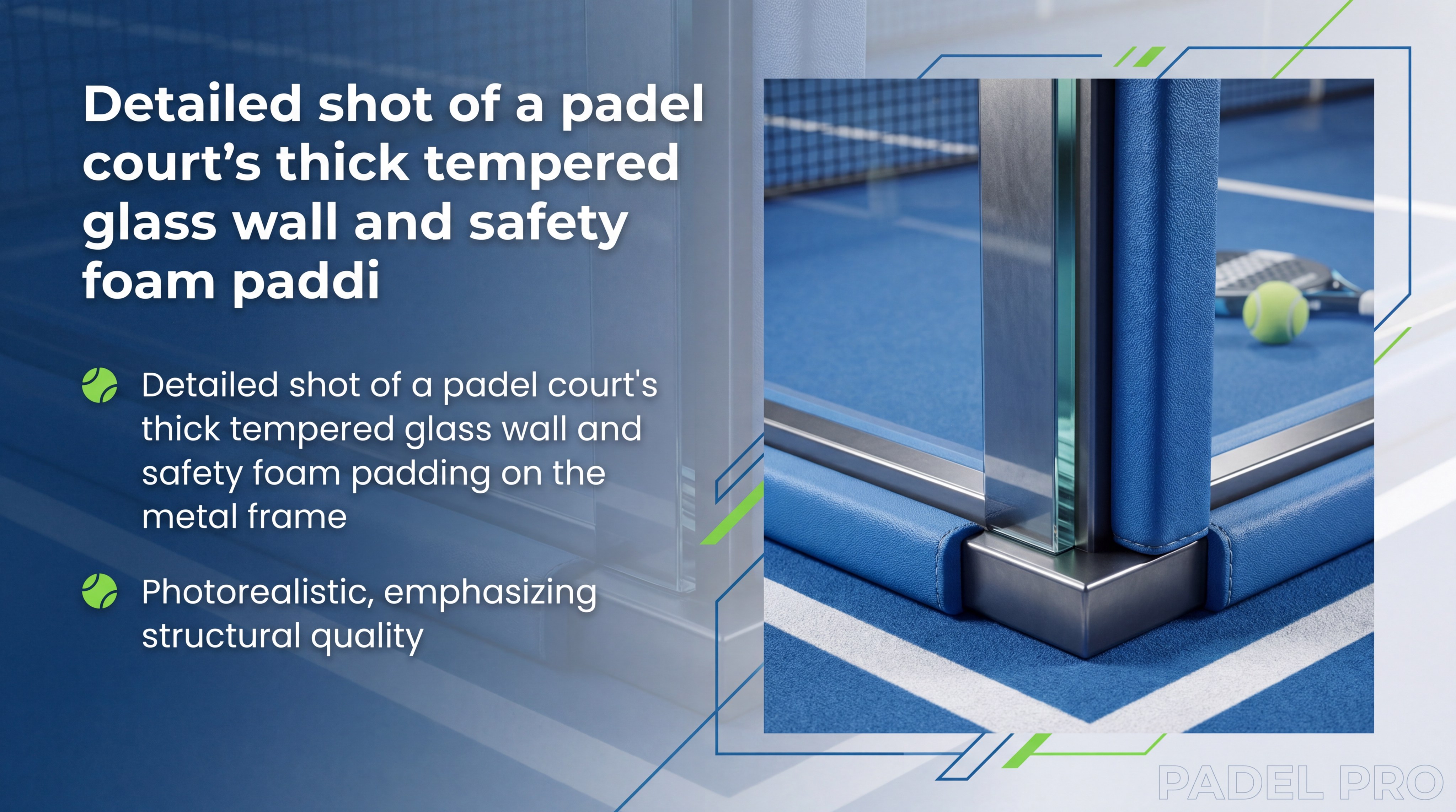Detailed shot of a padel court's thick tempered glass wall and safety foam padding on the metal frame